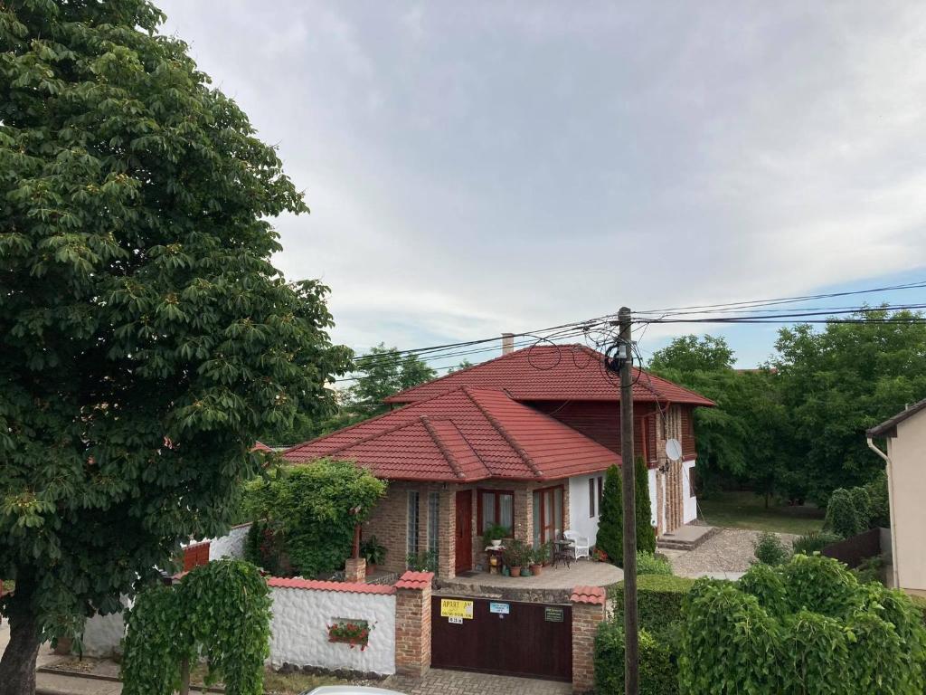 une petite maison avec un toit rouge dans l'établissement Sétány Apartman-és Vendégház, à Tiszafüred