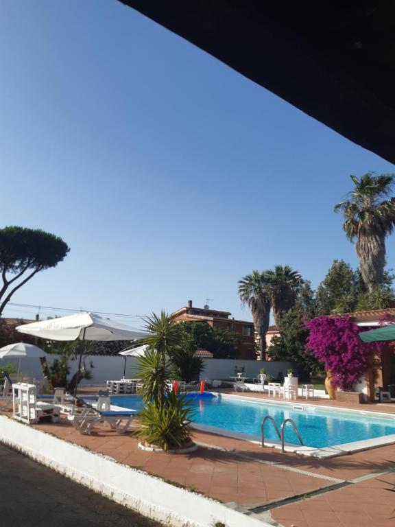 a swimming pool with palm trees and a resort at B&B Villa Giovanni in Casal Palocco