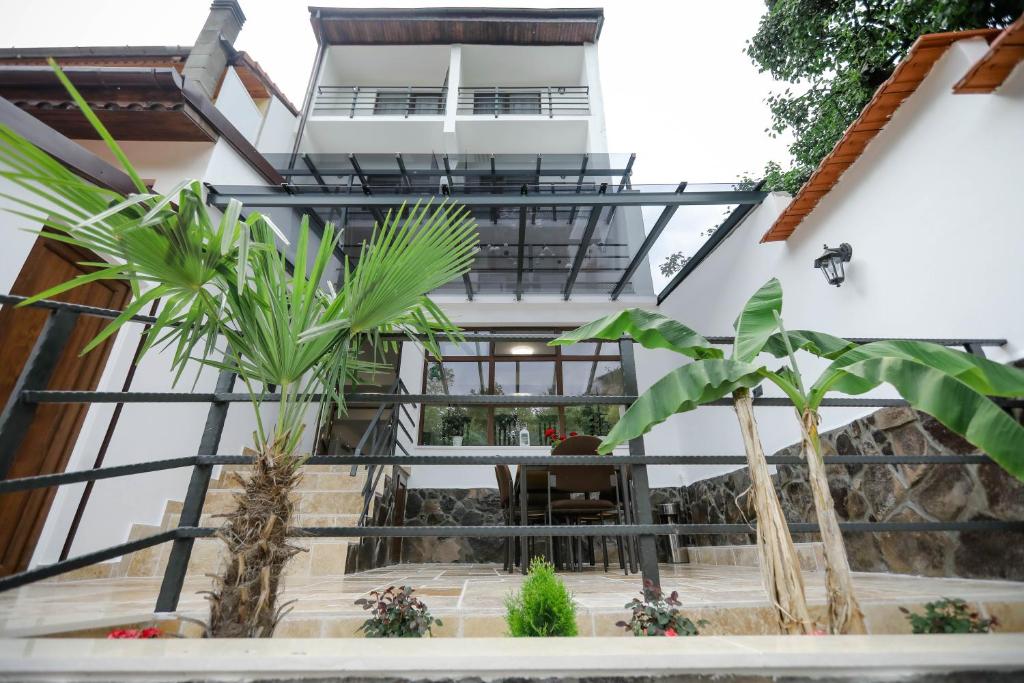 a house with palm trees in front of it at Pensiunea Casa Marica in Băile Herculane