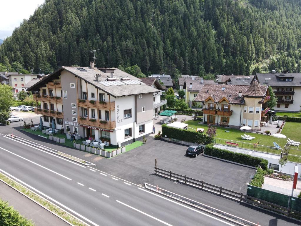 une vue aérienne sur une ville avec des maisons et une route dans l'établissement Liz Hotel & Apartments, à Predazzo