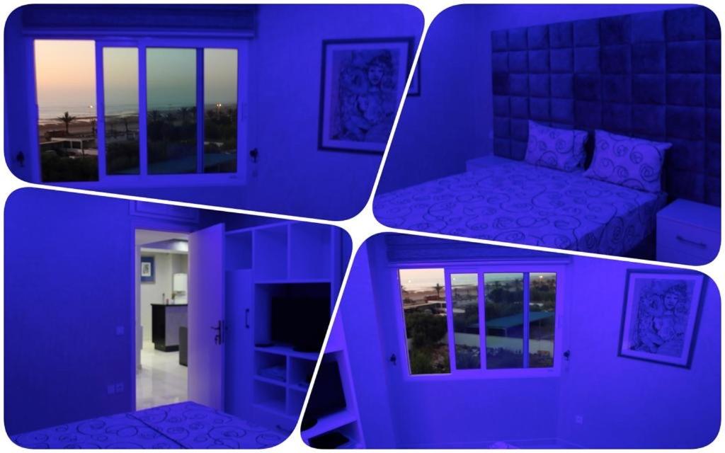 un collage de quatre photos d'une chambre violette dans l'établissement Nouveau appartement vue sur mèr , renouvelé en entier, à Assilah