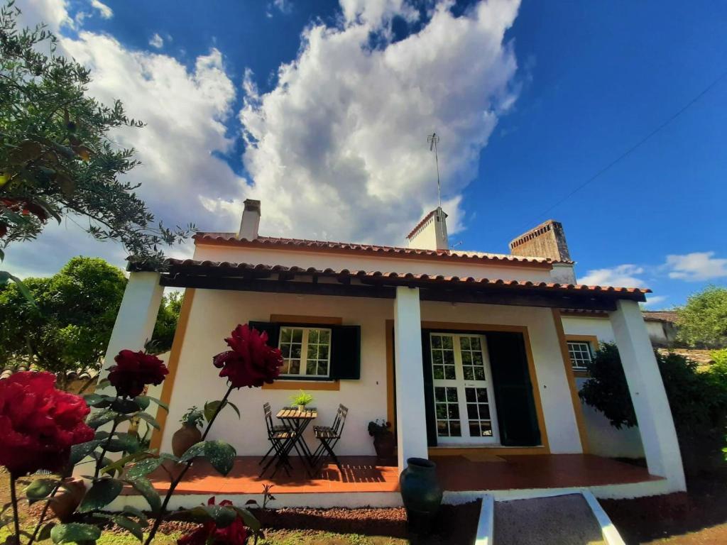 una pequeña casa blanca con una mesa delante en A Casa da Ti Vina, en Gavião