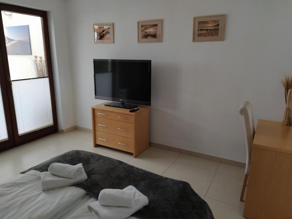 Televízia a/alebo spoločenská miestnosť v ubytovaní LIDO Apartamenty