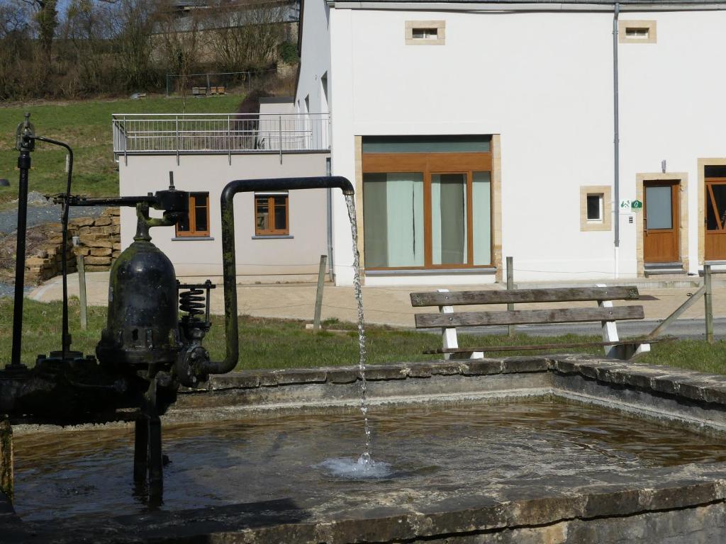 una fuente de agua frente a un edificio en Gîte du Paquis, en Florenville