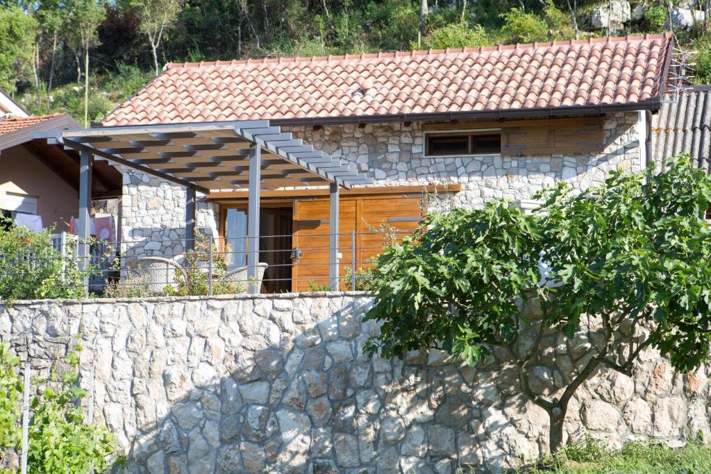 a house with a stone wall in front of a house at Kamena Kuća Hutovo Blato in Čapljina