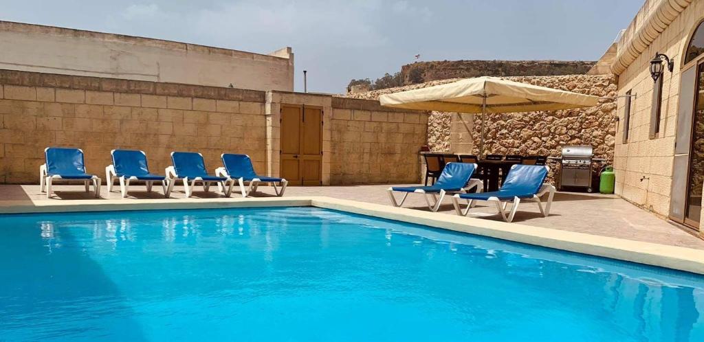 a swimming pool with blue chairs and an umbrella at Hofra Farmhouse in Victoria