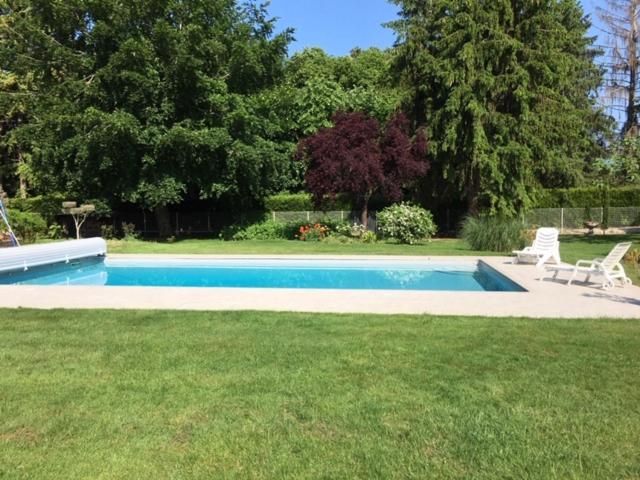 una piscina en un patio con sillas y árboles en LES PORTES DE BOURGOGNE, en Serbonnes