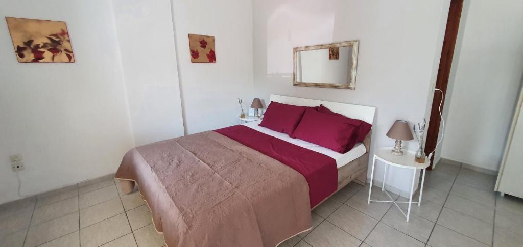 a bedroom with a bed with purple pillows and a mirror at Eleni Karouti rooms for rent in Pteleós