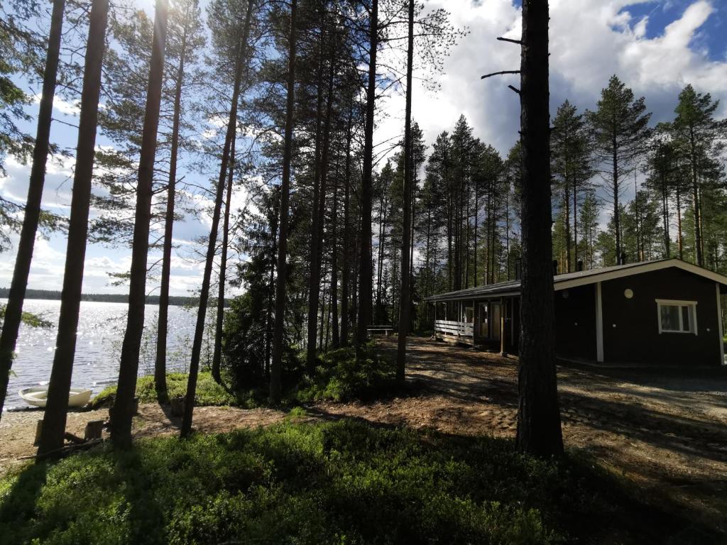 a cabin in the woods next to the water at Ollilan Lomamajat in Kuusamo