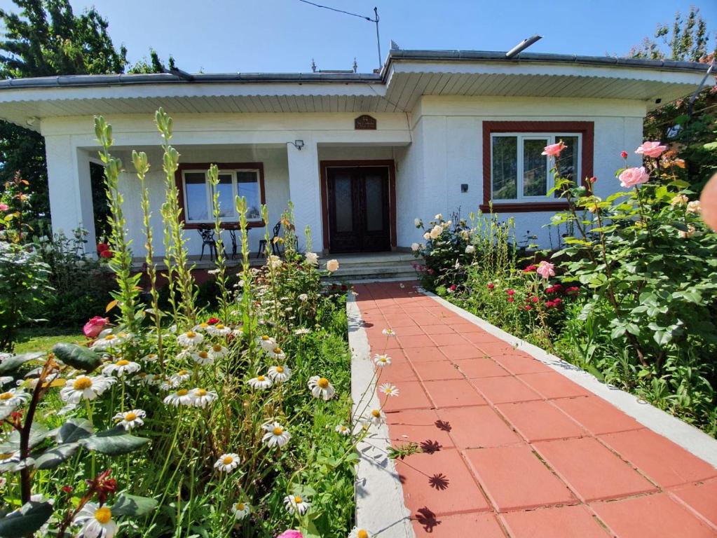 a house with a garden with flowers in front of it at Casa Jeni in Humuleşti