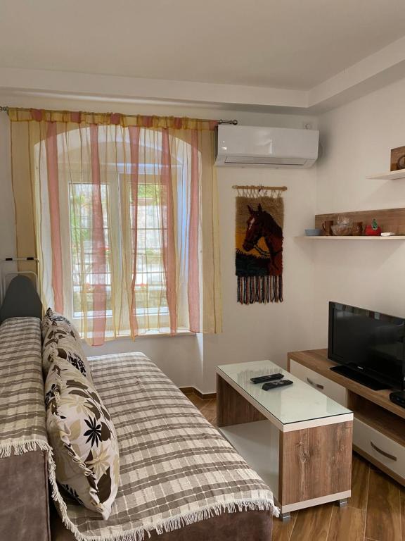 un soggiorno con divano e TV a schermo piatto di Apartment Jadran a Perast