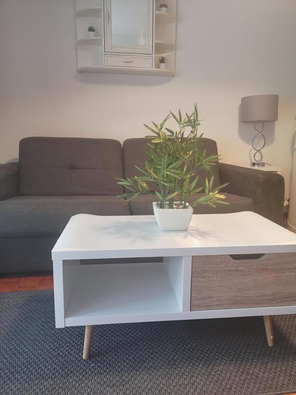 - un salon avec un canapé et une table basse blanche dans l'établissement Studio climatisé Centre Port Piscine, au Cap d'Agde