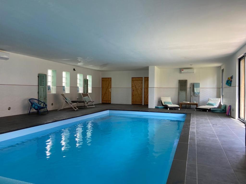 a large swimming pool with blue water in a room at Superbe studio privée au calme avec piscine et spa in Sailly-lès-Lannoy