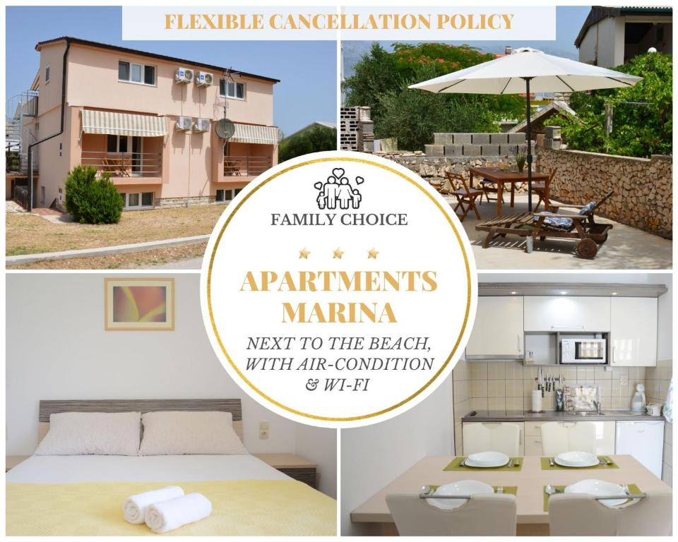 eine Collage mit Fotos eines Hauses mit einem Regenschirm in der Unterkunft Apartments Marina in Ražanac