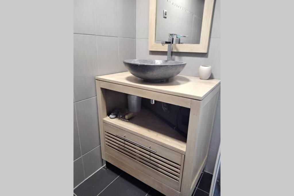 a bathroom with a sink and a mirror at le studio du fou in Mortagne-sur-Sèvre