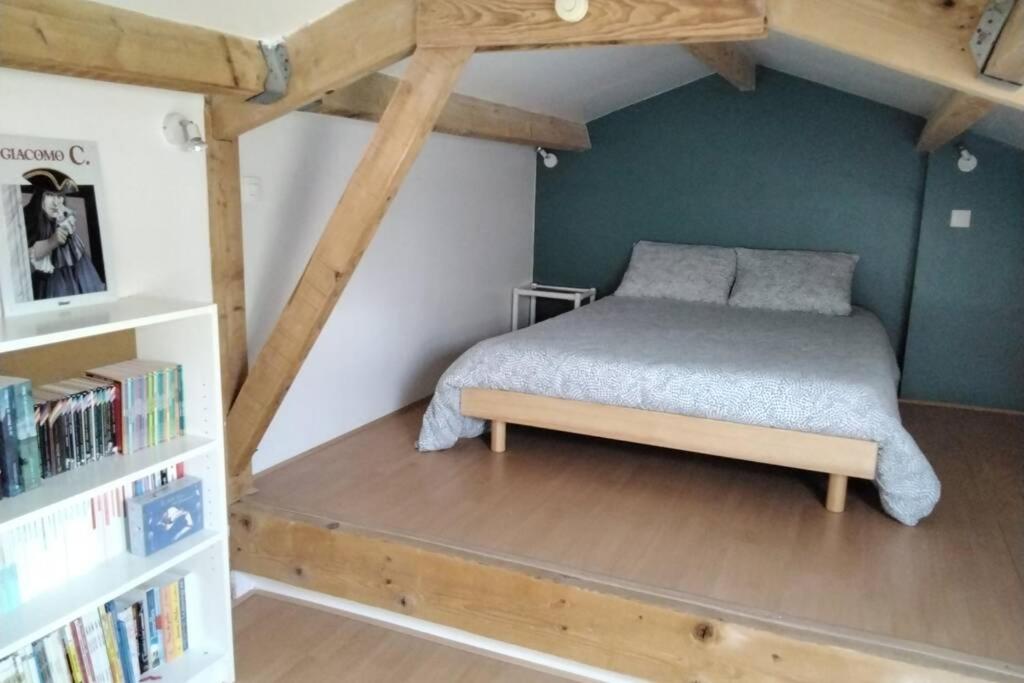 a bedroom with a bed and a book shelf at le studio du fou in Mortagne-sur-Sèvre