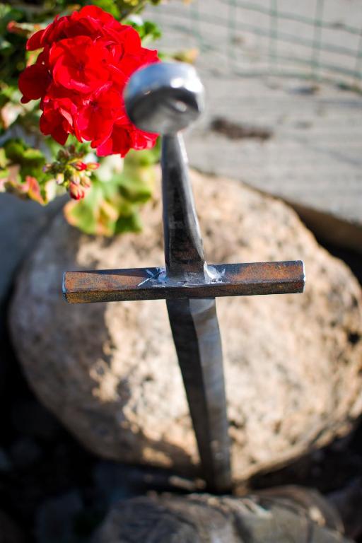 a metal sword sitting on a rock next to a red rose at Il Sasso di San Galgano in Chiusdino