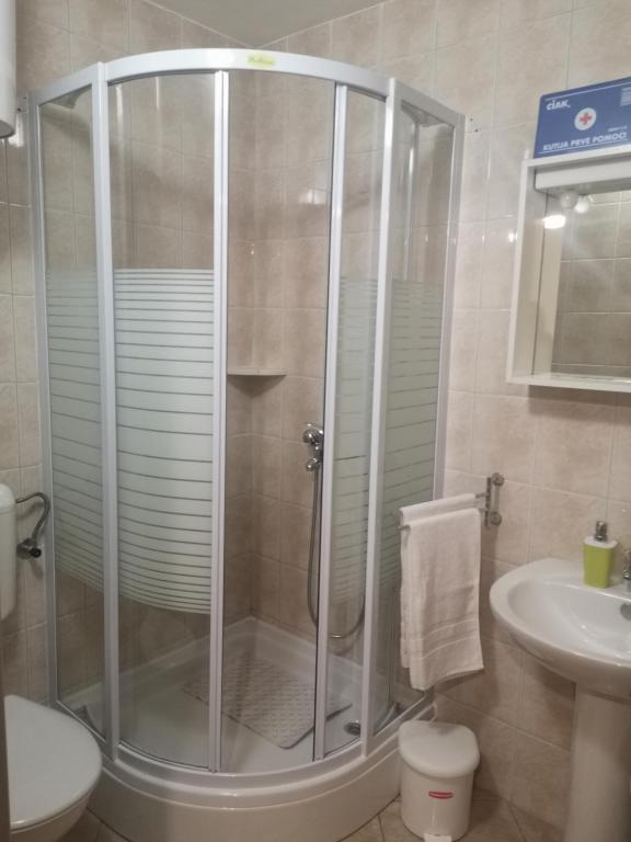 La salle de bains est pourvue d'une douche, de toilettes et d'un lavabo. dans l'établissement Kuća Cvjetković, à Gruda
