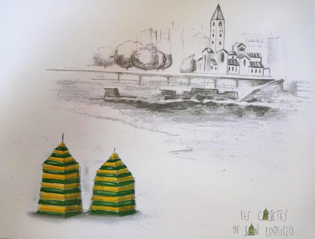 a drawing of two towers with a church in the background at Les casetes de San Lorenzo in Gijón