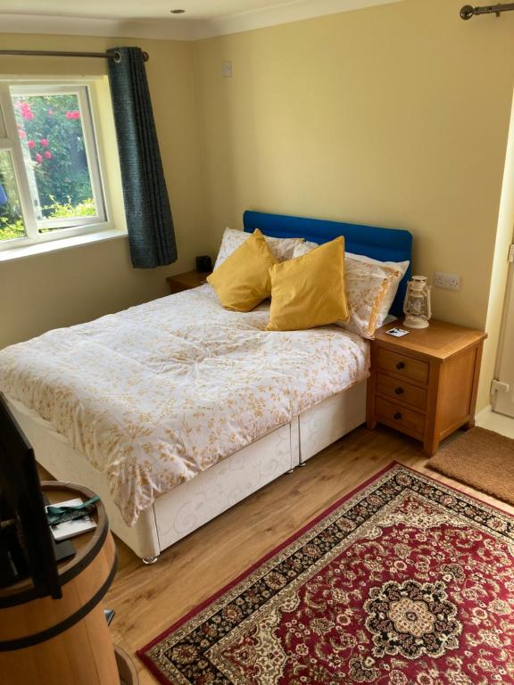 1 dormitorio con 1 cama con almohadas amarillas y alfombra en The Buttery, en Brundall