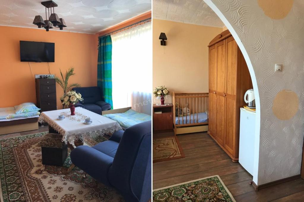 two pictures of a living room and a living room with an archway at Pokoje gościnne U Wandy in Ostrowo