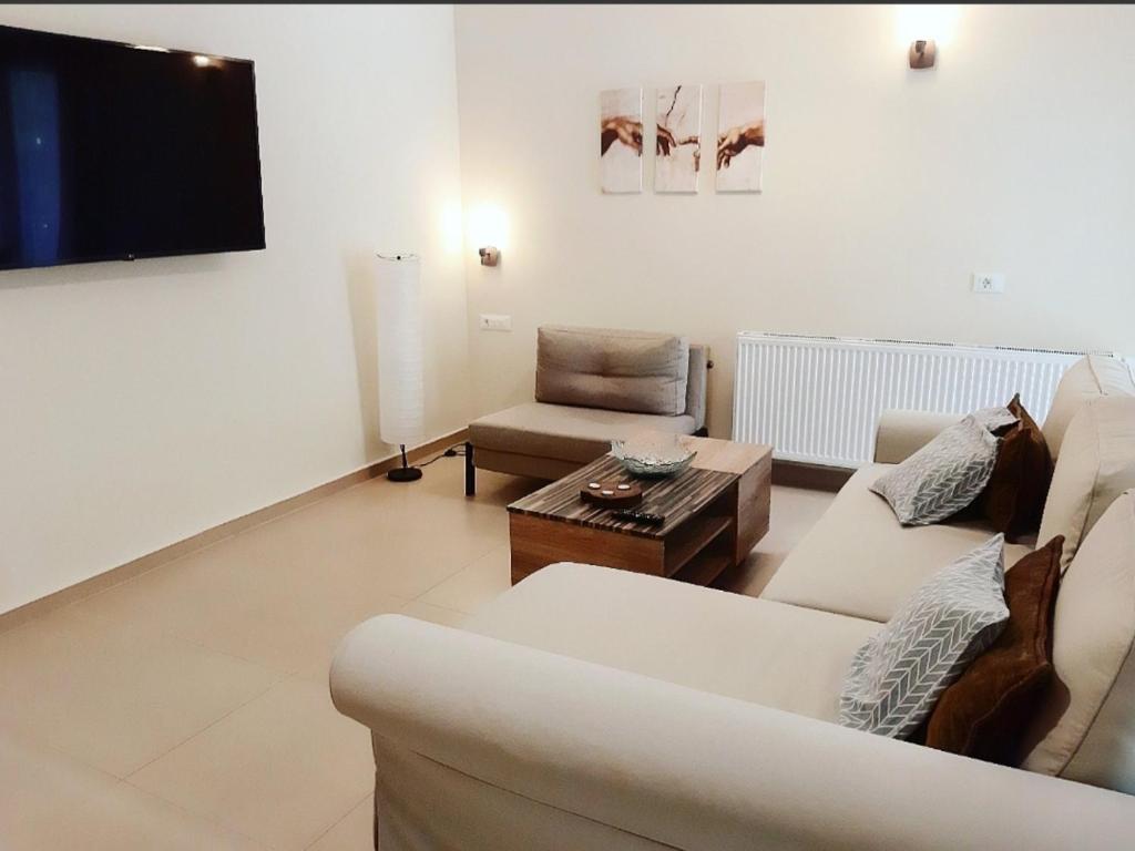 a living room with a couch and a tv at Green View Apartment in Áyios Pétros