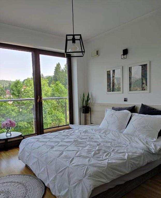 Postel nebo postele na pokoji v ubytování Apartamenty Czerwone Maki Wisła