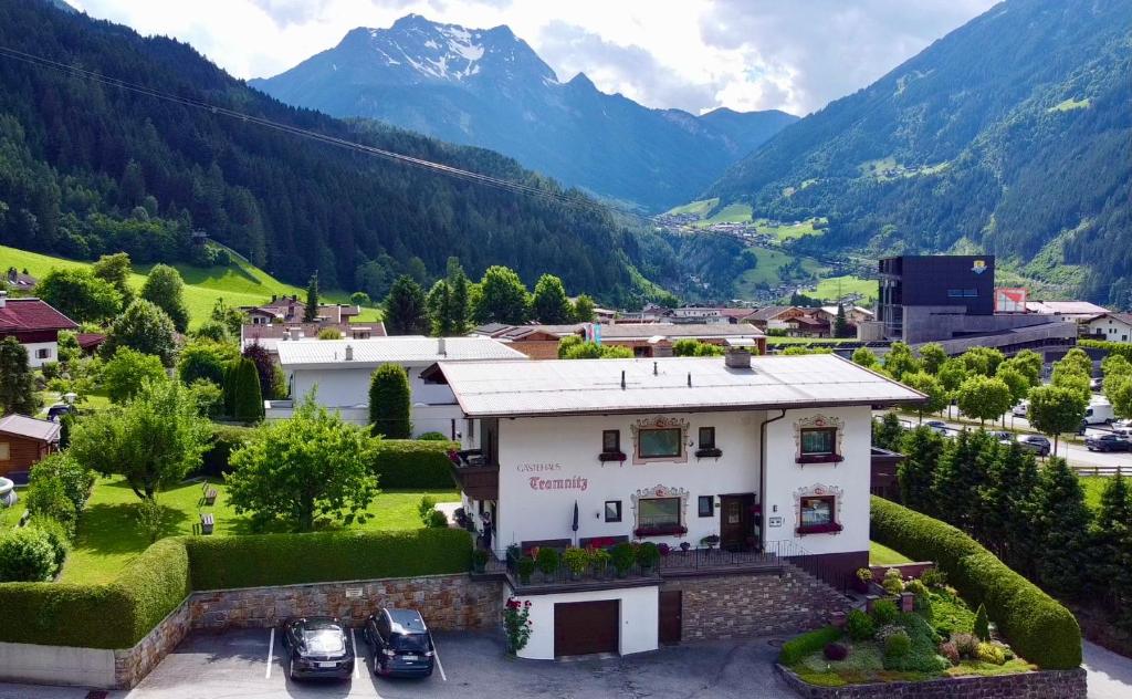 a building in a town with mountains in the background at Gästehaus Tramnitz in Mayrhofen