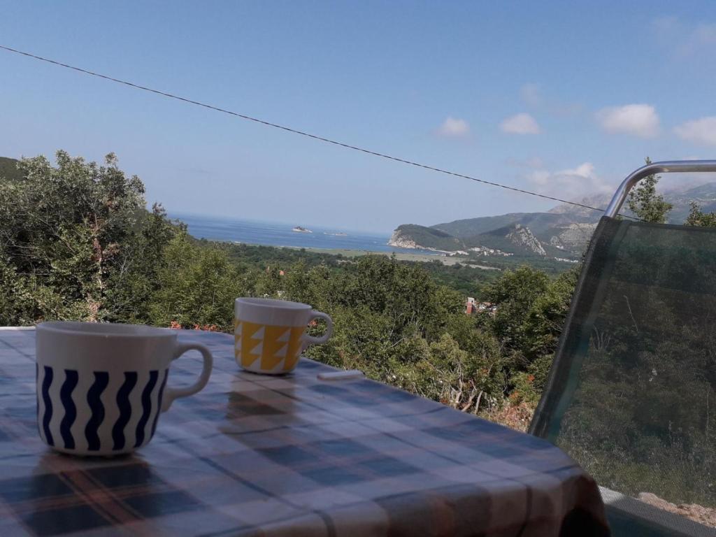 two coffee cups sitting on a table with a view at Adriatic Sunset House in Petrovac na Moru