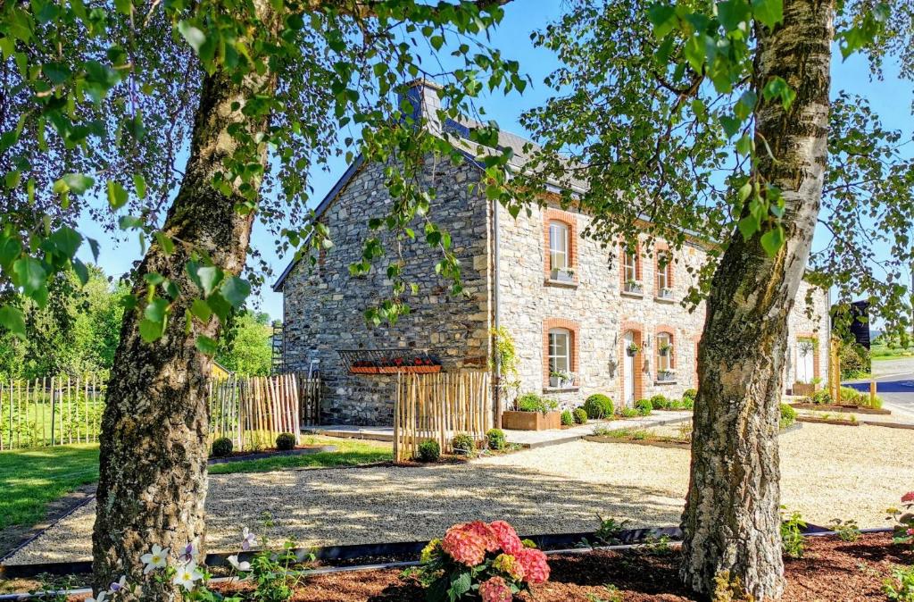 ein Steinhaus mit zwei Bäumen davor in der Unterkunft A La Maison d'Ode in Sainte-Ode
