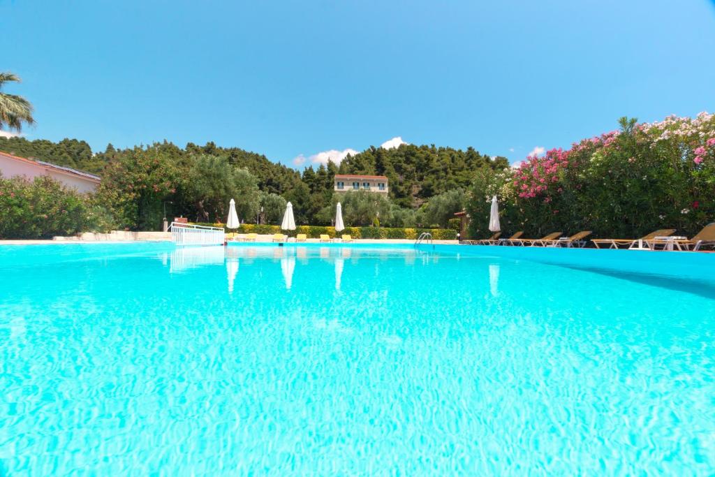 a large pool of blue water with chairs and umbrellas at Julia Hotel in Fourka