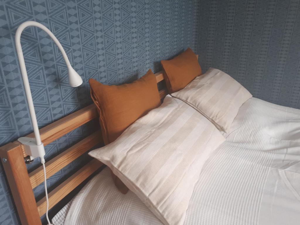 a bed in a room with a blue wall at Apartmán Spa Šumava in Zdíkov