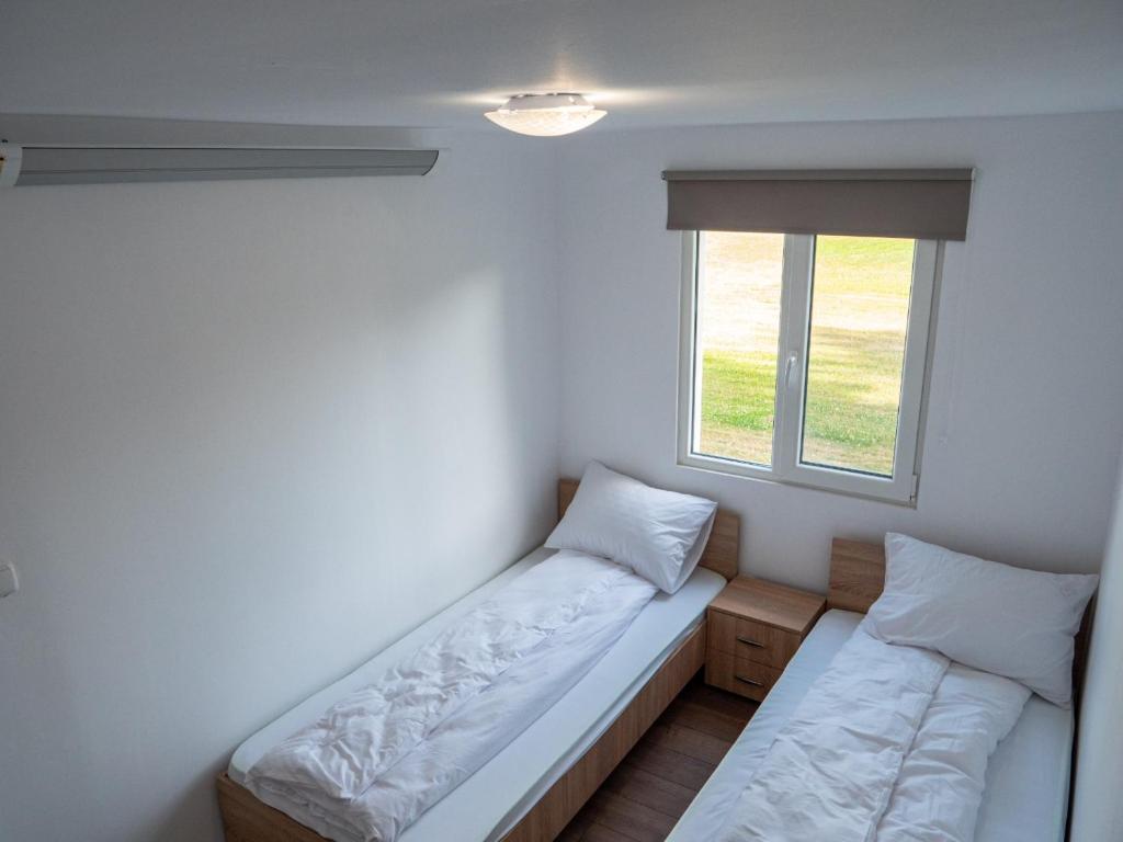 a room with two beds and a window at Poiana cu flori in Satu Mare