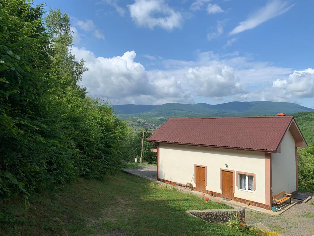 una pequeña casa con techo rojo en una colina en Садиба Краєвид, en Polyana