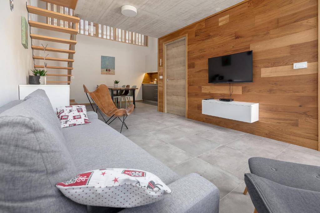 ein Wohnzimmer mit einem grauen Sofa und einem TV in der Unterkunft SKI Gothia in Kranjska Gora