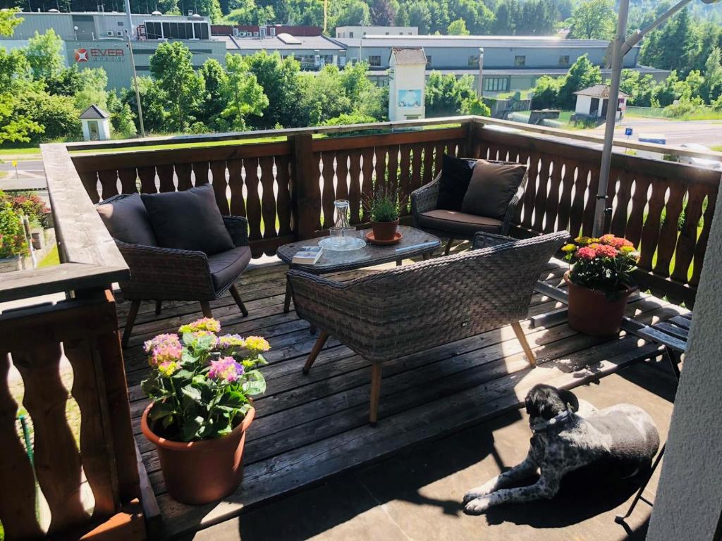 a patio with a dog sitting on a wooden deck at Ferienwohnung Attersee-Mondsee in Unterach am Attersee