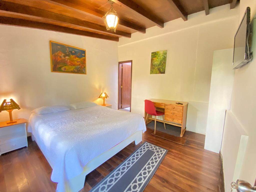 Schlafzimmer mit einem Bett, einem Schreibtisch und einem TV in der Unterkunft Hostal Alcala in Quito