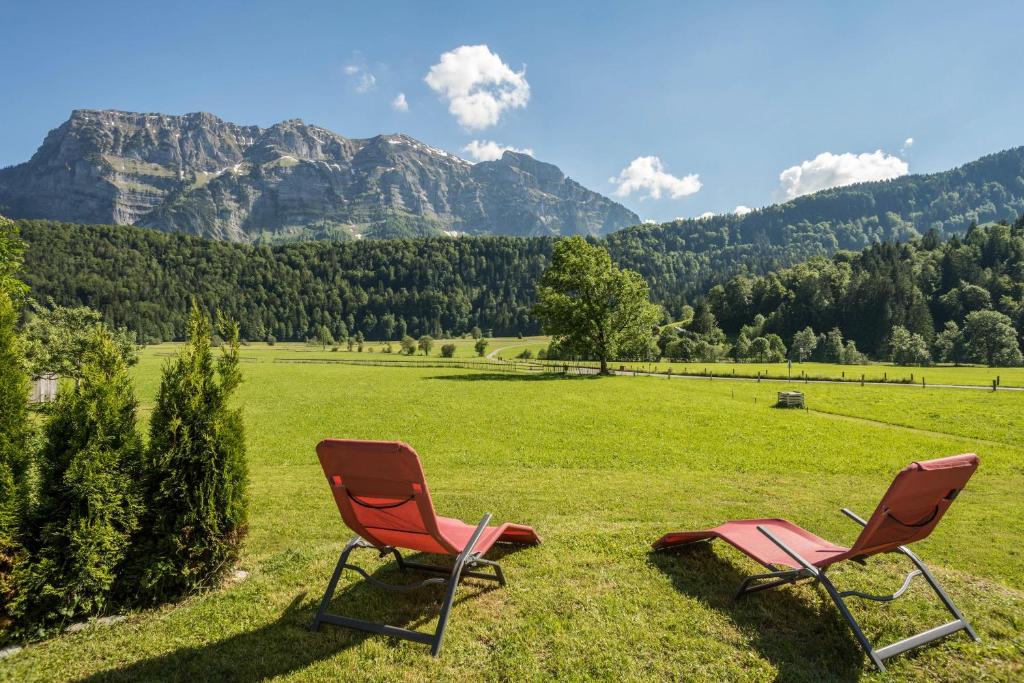 zwei Stühle auf einem Feld mit Bergen im Hintergrund in der Unterkunft Villa Kanisblick in Bizau