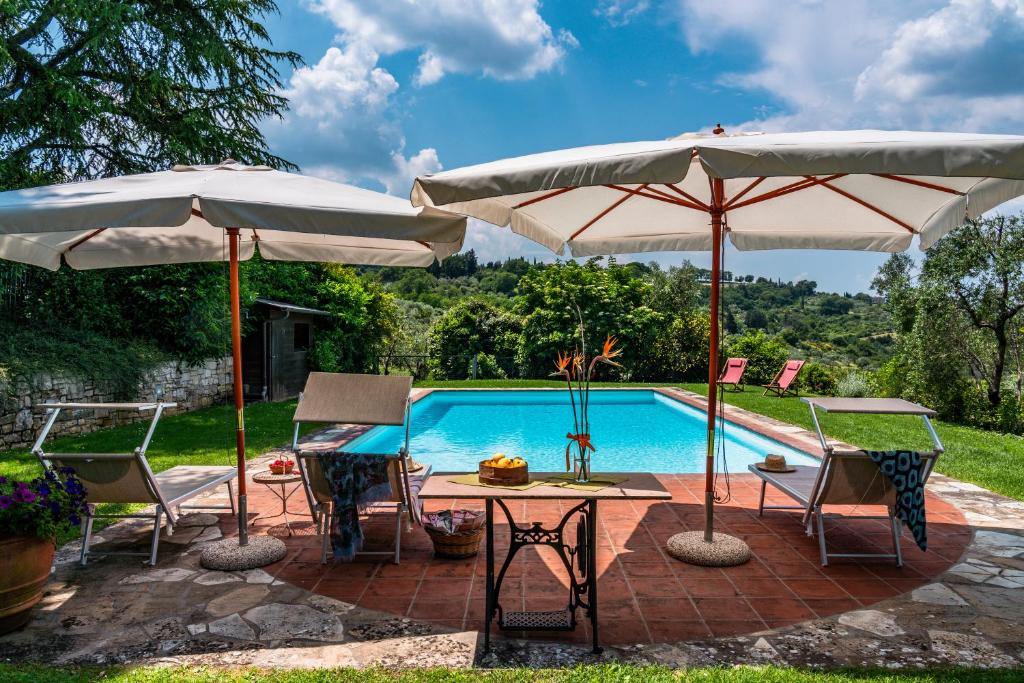 un patio con 2 sombrillas, una mesa, sillas y una piscina en Appartamento Giulio, en Villamagna