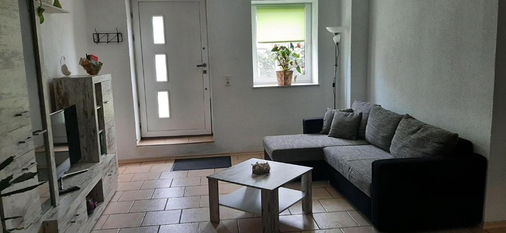 ein Wohnzimmer mit einem Sofa und einem Tisch in der Unterkunft  Feriendomizil Roger Wohnung 1 in Leipzig