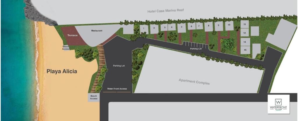 um plano do local das villas de praia propostas em Bungalow 9 Cozy room at just steps from the beach and in town center em Sosúa