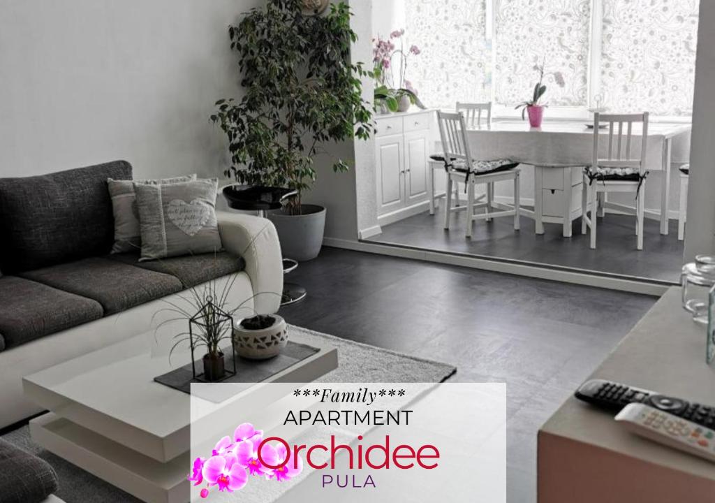 a living room with a couch and a table at Apartment Orchidee in Pula