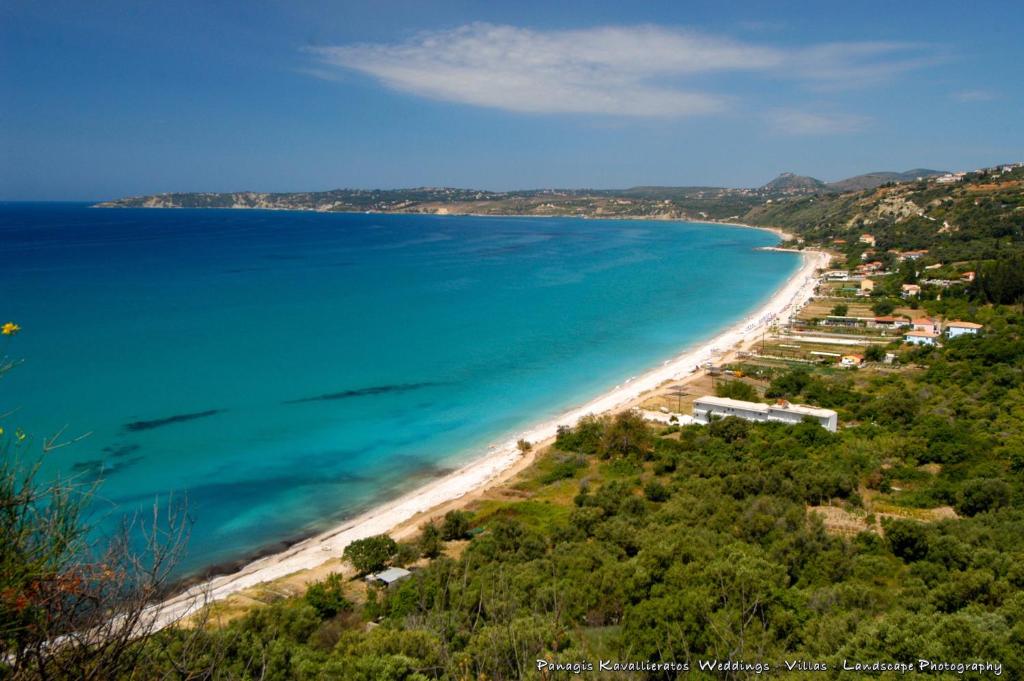 an aerial view of a beach and the ocean at Elisso Apartment in Argostoli