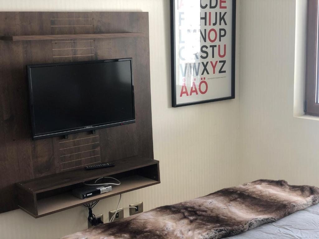 sala de estar con TV de pantalla plana en la pared en Apartment Valle Nevado en Valle Nevado