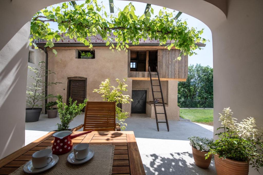 eine Terrasse mit einem Torbogen mit einem Tisch und einer Leiter in der Unterkunft MEŽNARIJA Radovljica in Radovljica