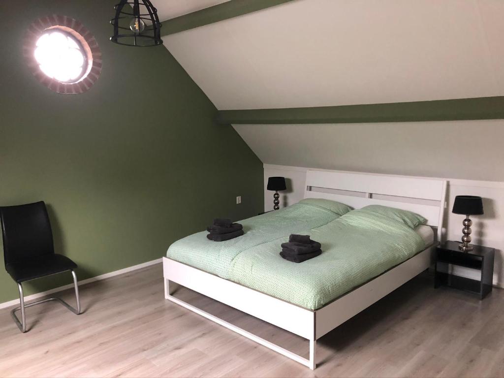Un dormitorio con una cama con paredes verdes y una silla en Gastenverblijf Eichhorn, en Schijf