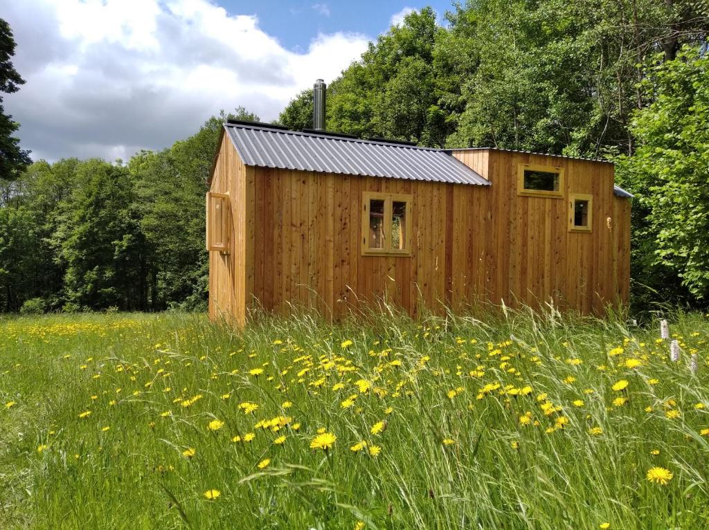 una cabina in legno in un campo di fiori di Celoroční GLAMPING v pohodlném domečku a Výprachtice