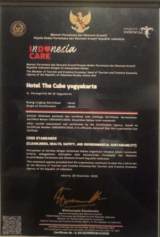 Certifikát, hodnocení, plakát nebo jiný dokument vystavený v ubytování The Cube Hotel Malioboro, Azana Hotels Collection