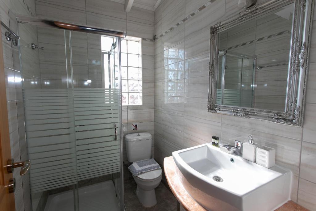 a bathroom with a sink and a toilet and a mirror at The Old Town hall in Parga