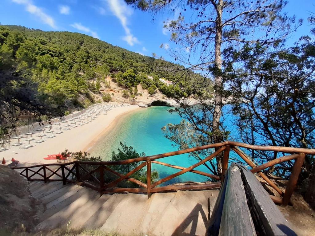 widok na plażę z drewnianym mostem w obiekcie Villetta Relax Pugnochiuso w mieście Vieste